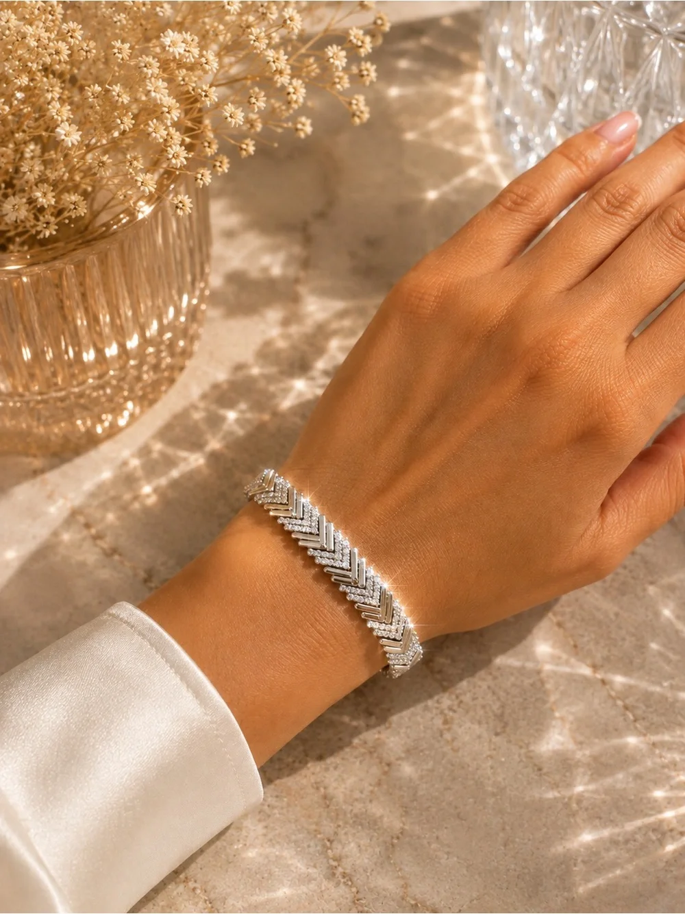Silver-Tone Chevron CZ Bracelet- Elegant Sparkling Statement Jewerly